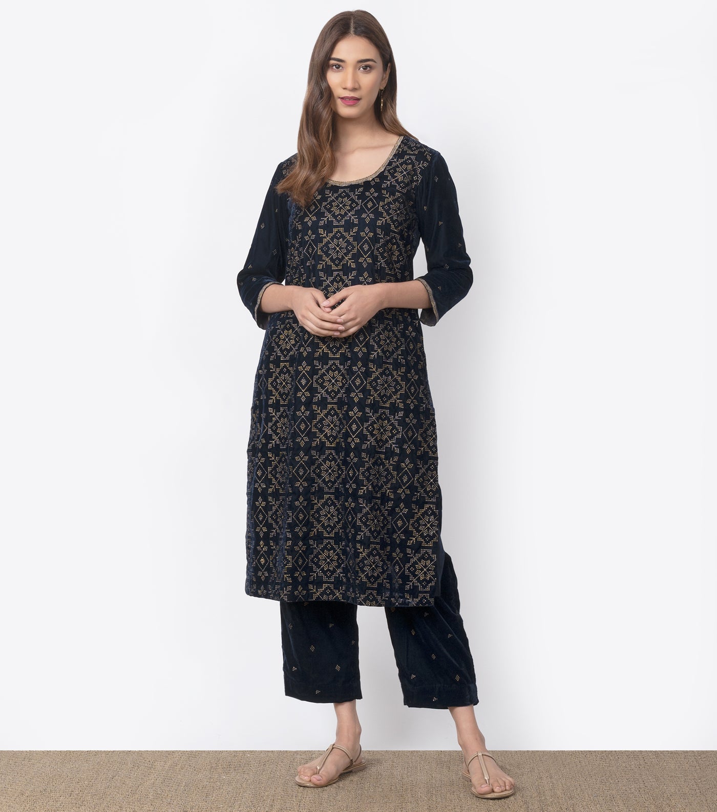Navy Velvet embroidered Kurta Set