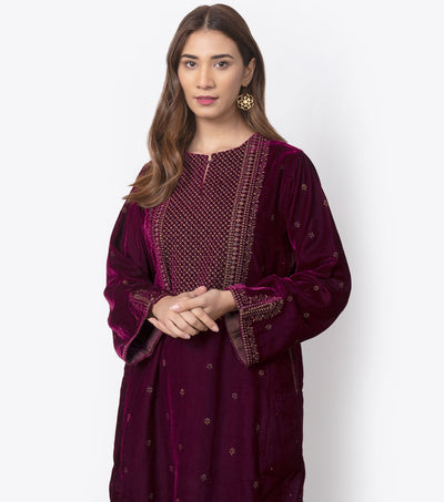 Wine Velvet Embroidered Kurta set