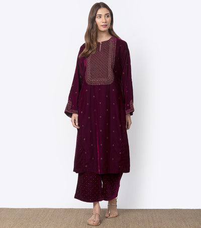 Wine Velvet Embroidered Kurta & pants set