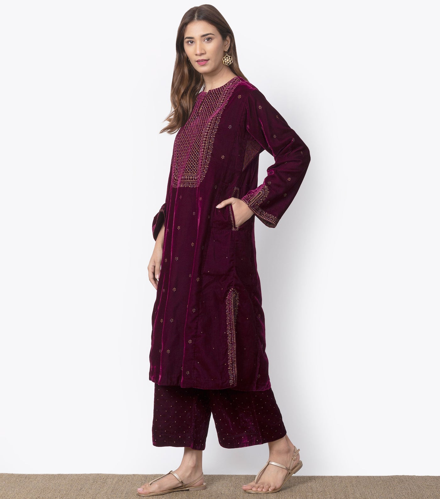 Wine Velvet Embroidered Kurta & pants set