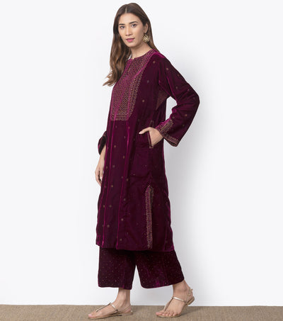 Wine Velvet Embroidered Kurta & pants set