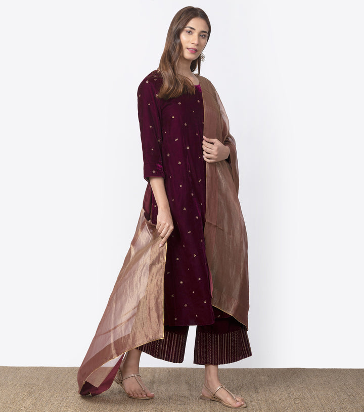 Wine embroidered velvet kurta set