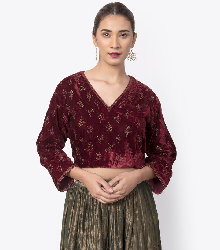Maroon velvet embroidered blouse