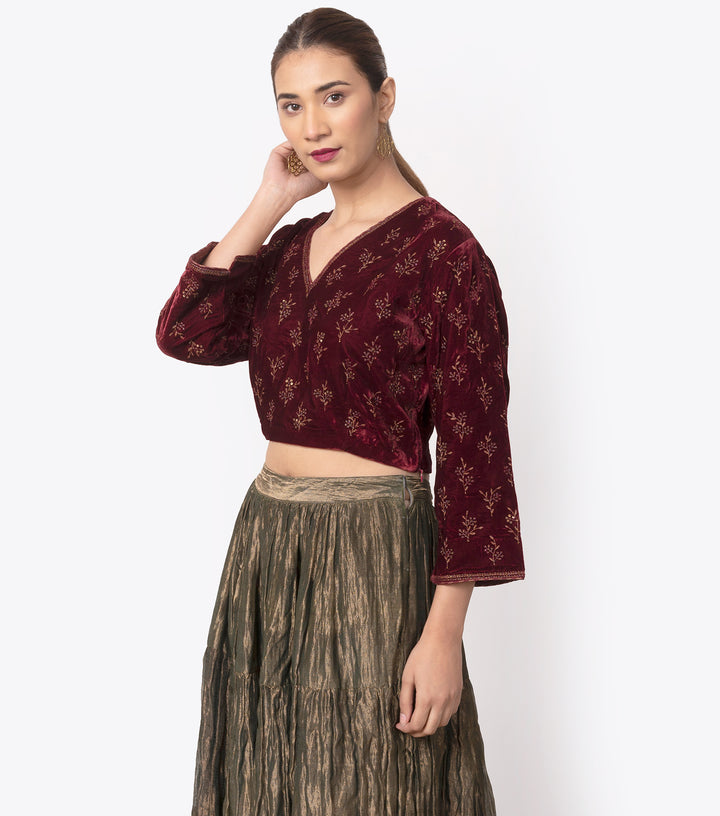 Maroon velvet embroidered blouse
