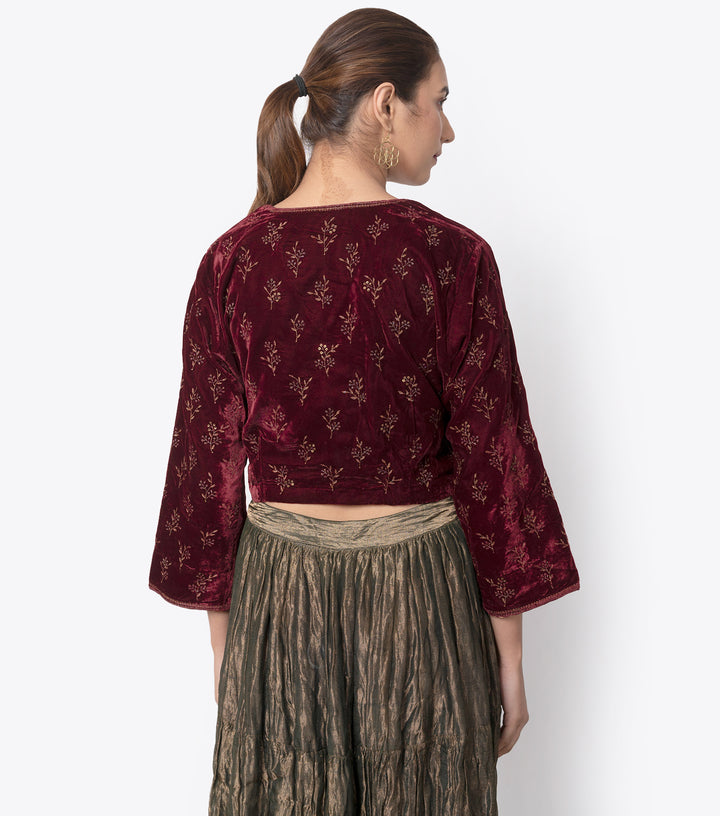 Maroon velvet embroidered blouse