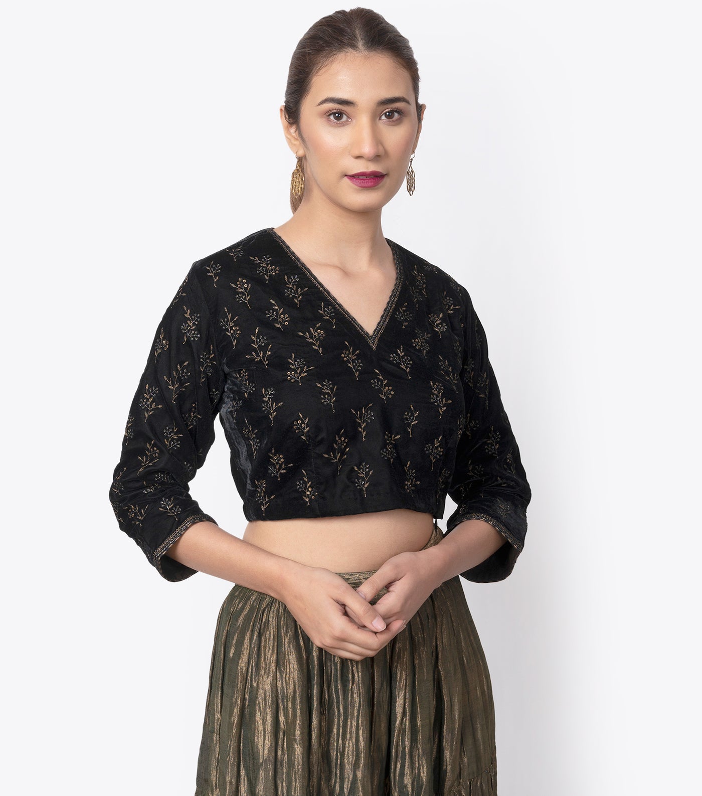 Black velvet embroidered blouse