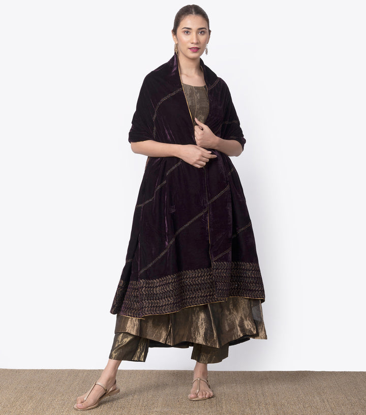 Plum embroidered velvet dupatta