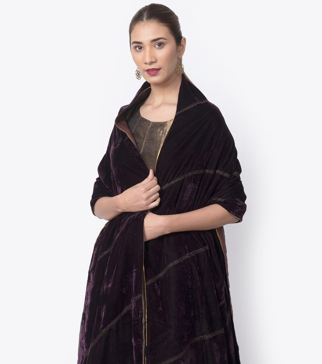 Plum embroidered velvet dupatta