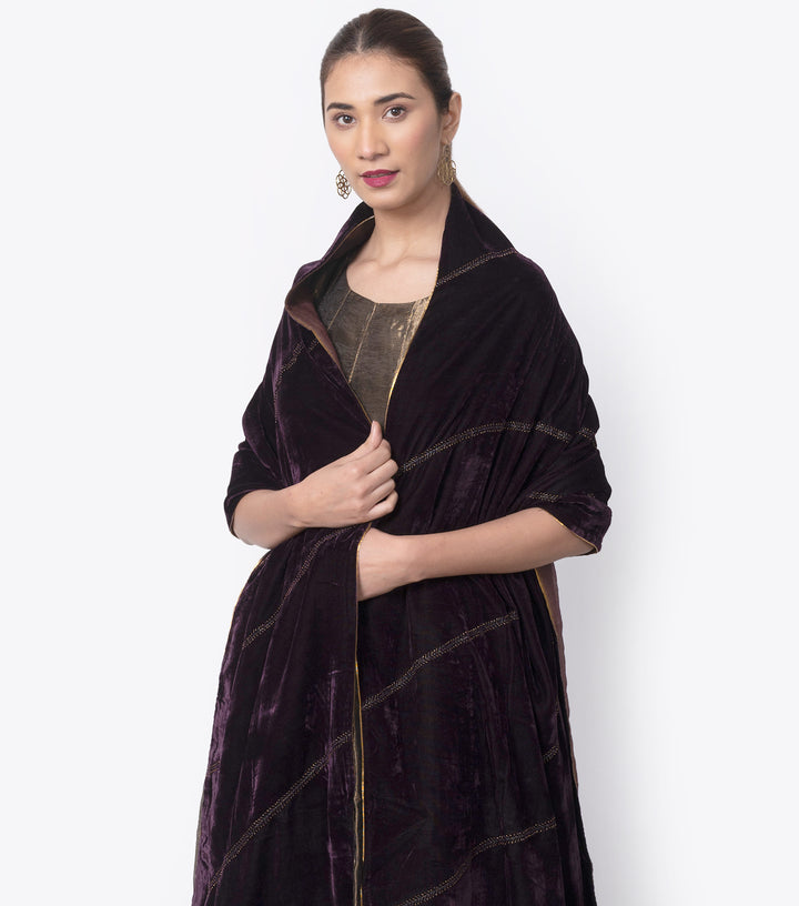 Plum embroidered velvet dupatta