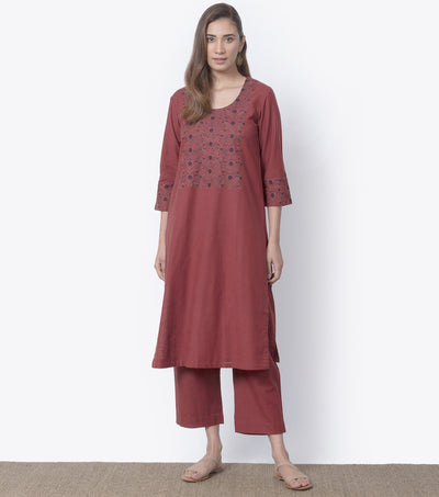Brick Red Embroidered Cotton Suit Set