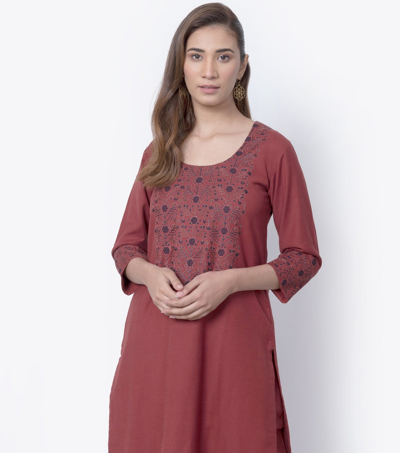 Brick Red Embroidered Cotton Suit Set