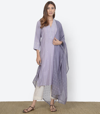 Mauve Cotton Silk Kurta & Dupatta Set