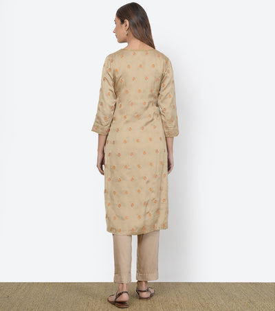 Beige embroidered silk kurta set