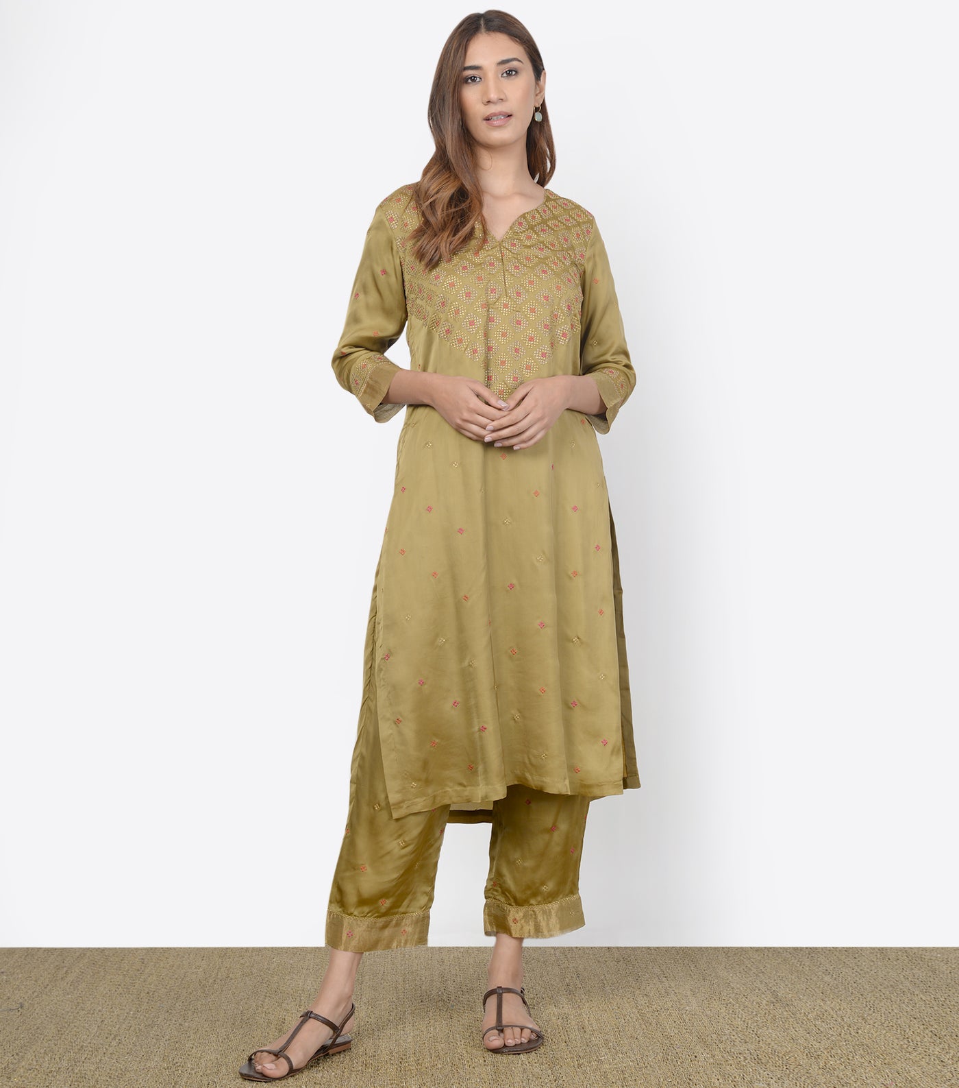 Olive Green Silk Suit Set