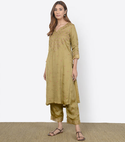 Olive Green Silk Suit Set