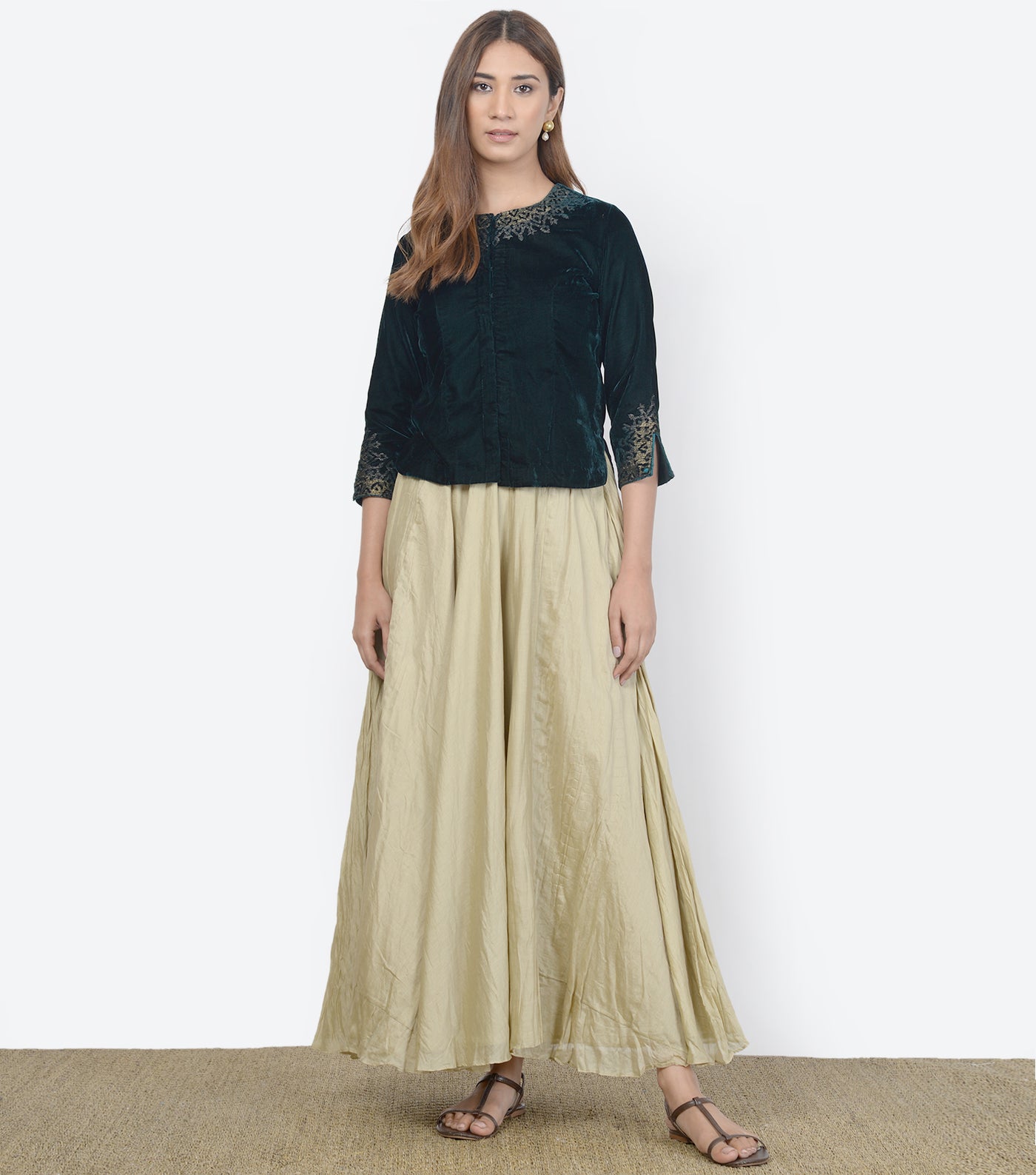 Green velvet embroidered blouse