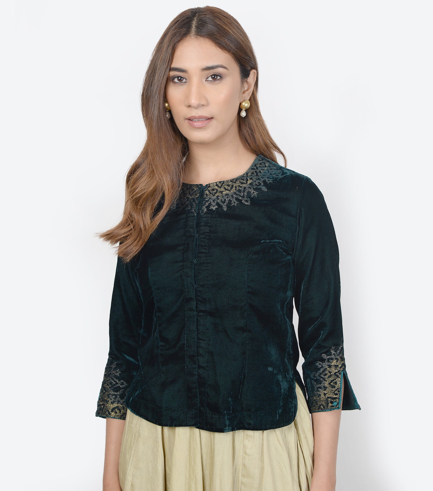 Green velvet embroidered blouse