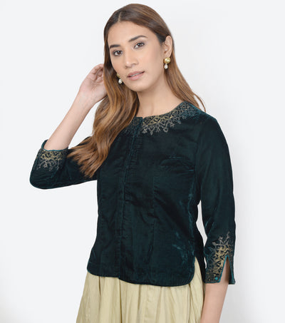 Green velvet embroidered blouse