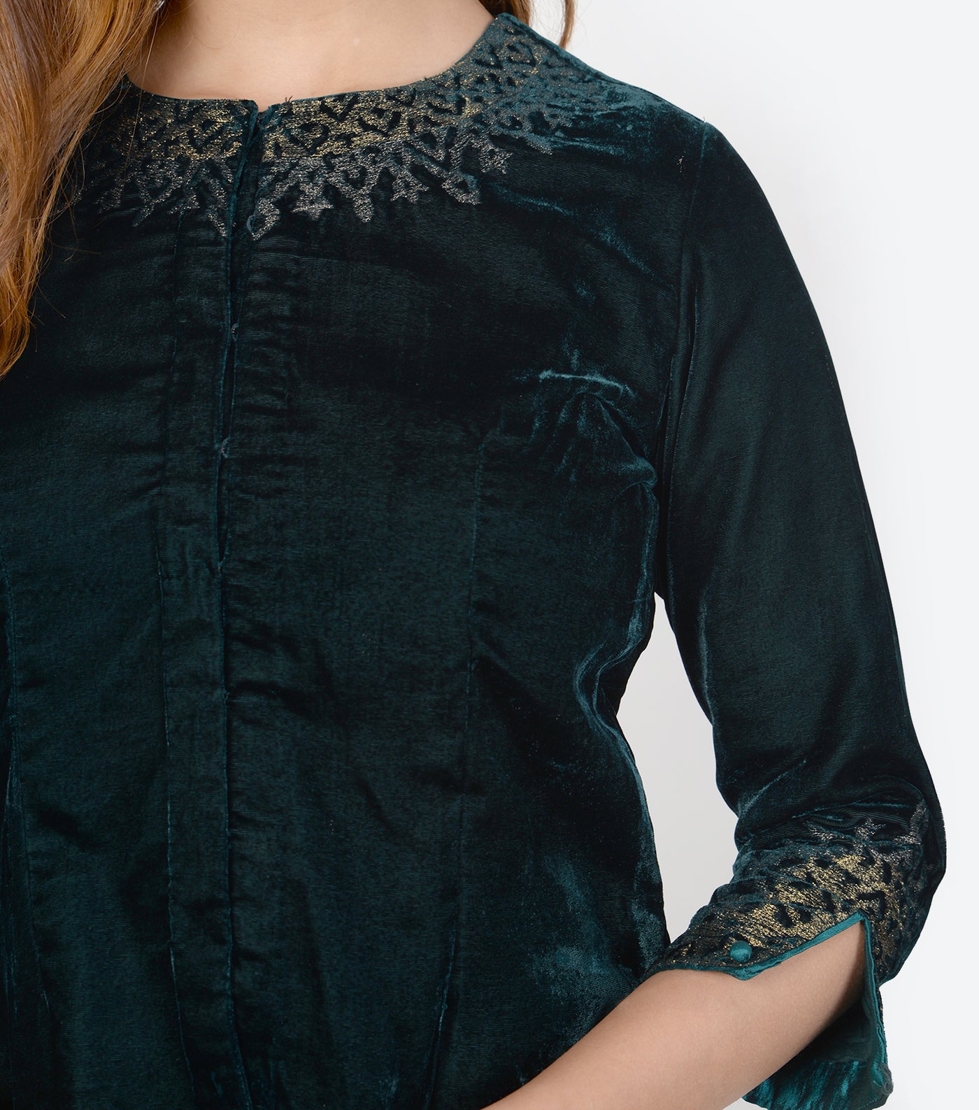 Green velvet embroidered blouse