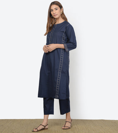 Navy Blue Embroidered Cotton Suit Set