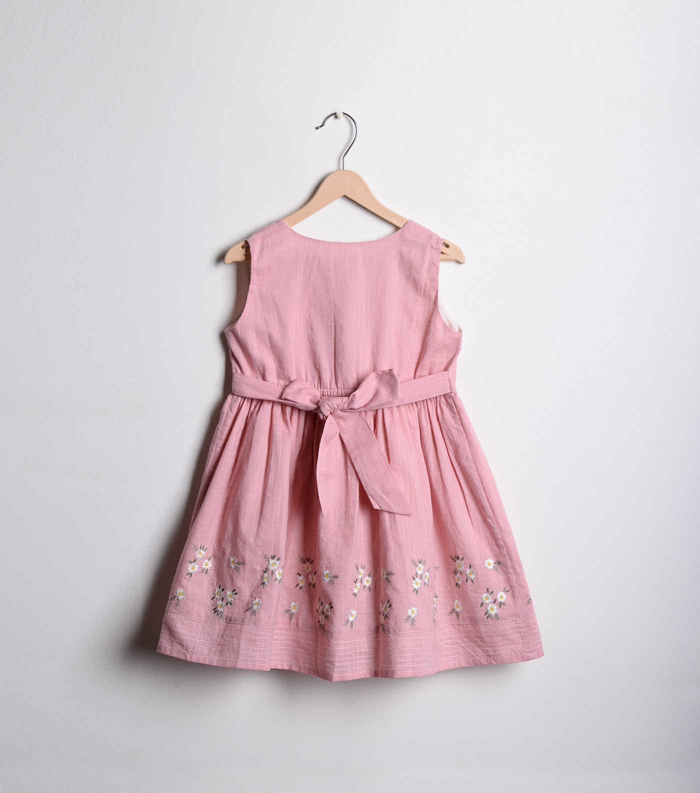 Pink Cotton Linen embroidered flared dress