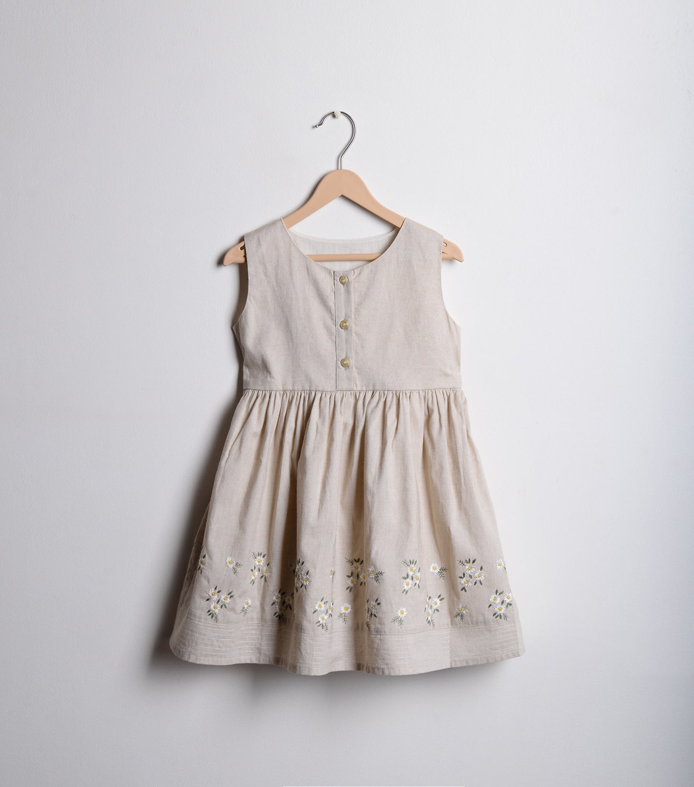 Beige Cotton Linen embroidered flared dress