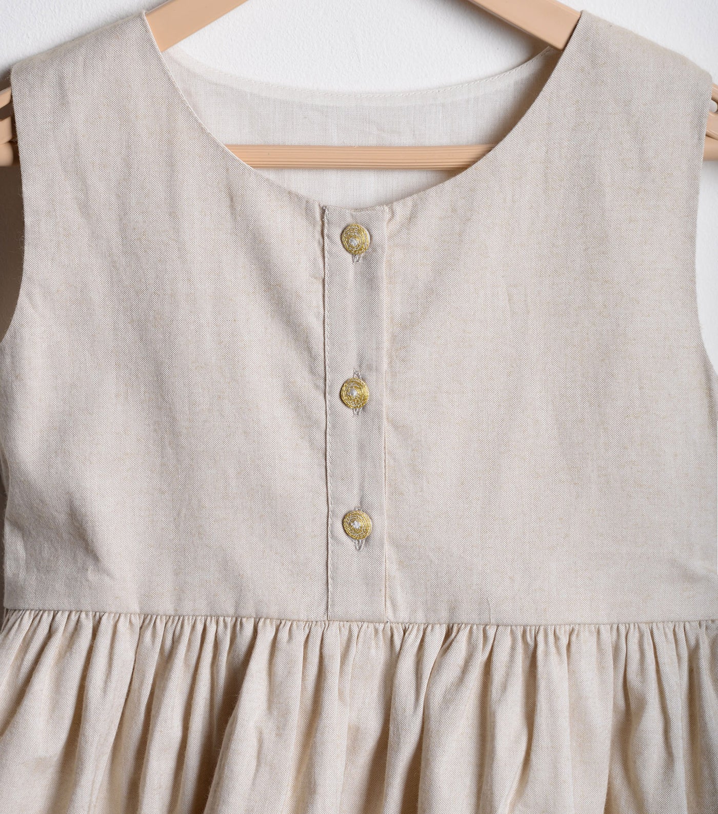 Beige Cotton Linen embroidered flared dress