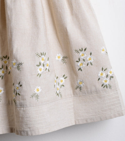 Beige Cotton Linen embroidered flared dress