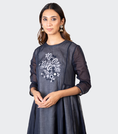Navy Blue Embroidered Cotton Tunic