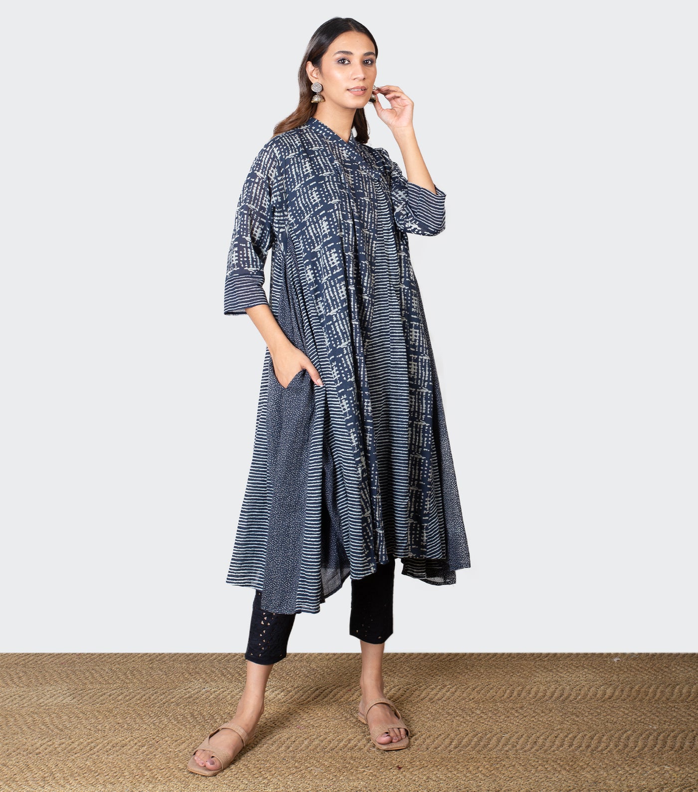 Navy Blue Cotton Printed Choga