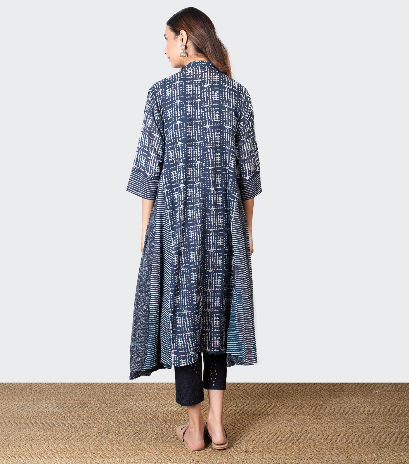 Navy Blue Cotton Printed Choga