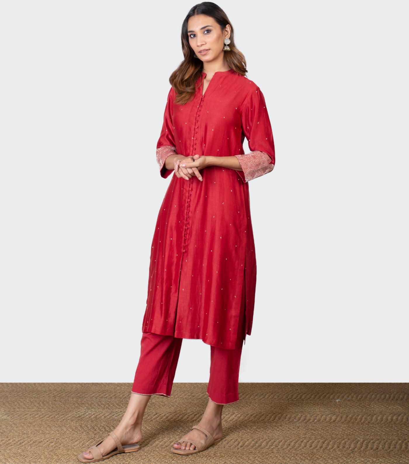 Red Zari Embroidered Chanderi Kurta & Pants Set