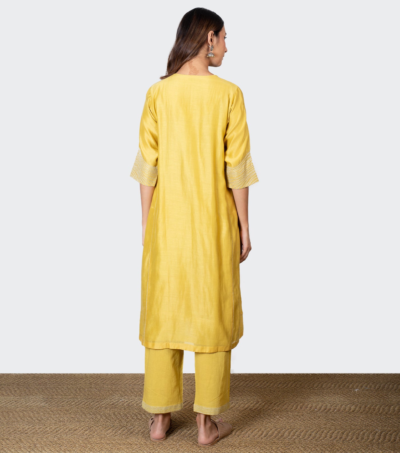 Yellow Zari Embroidered Chanderi Kurta with Pants - Set of 2