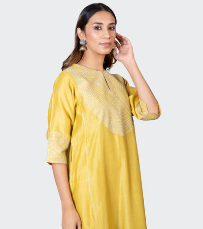 Yellow Zari Embroidered Chanderi Kurta with Pants - Set of 2