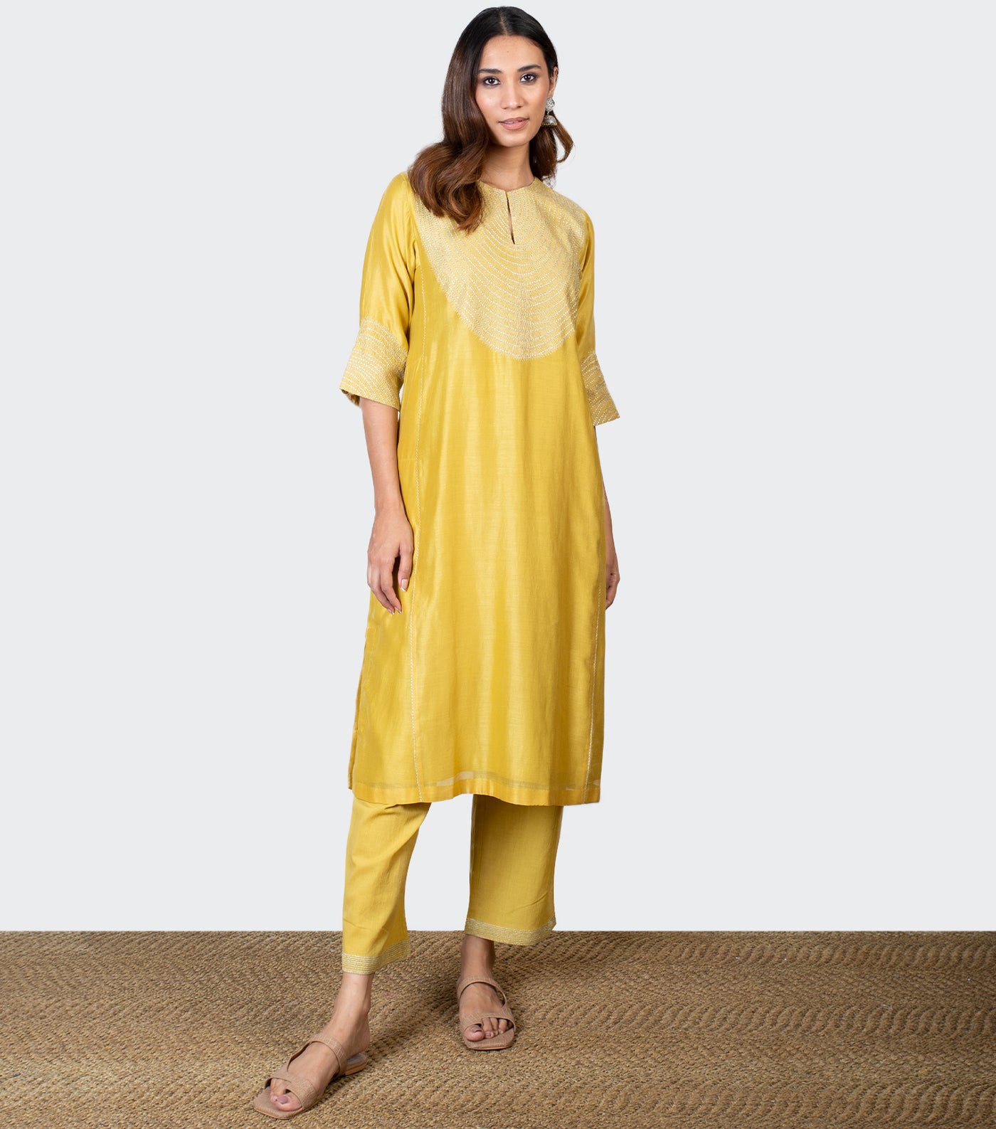 Yellow Zari Embroidered Chanderi Kurta with Pants - Set of 2