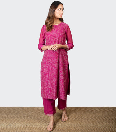 Magenta Zari Embroidered Chanderi Kurta with Cotton Pants and Chiffon Dupatta - Set of 3