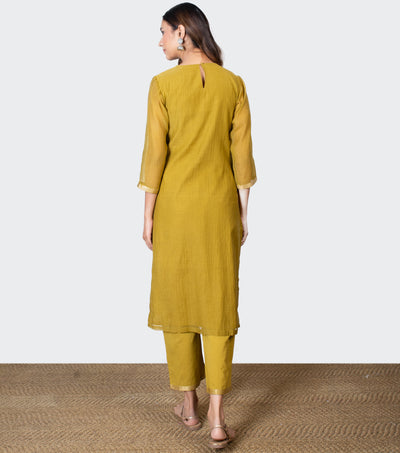 Mustard Yellow Embroidered Chanderi Kurta with Pants and Chiffon Dupatta - Set of 3