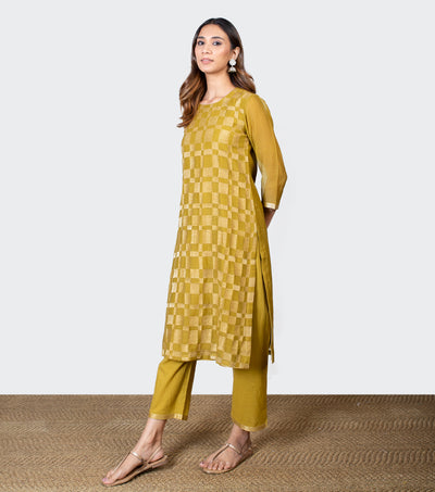 Mustard Yellow Zari Embroidered Chanderi Kurta with Cotton Pants and Chiffon Dupatta - Set of 3