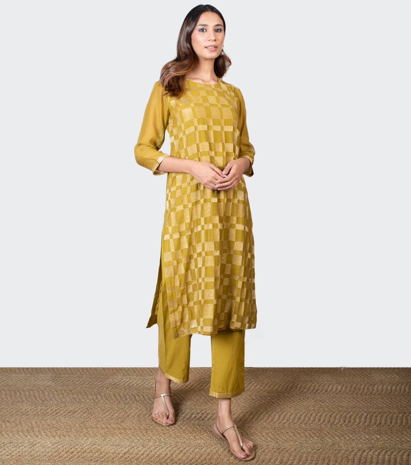 Mustard Yellow Zari Embroidered Chanderi Kurta with Cotton Pants and Chiffon Dupatta - Set of 3