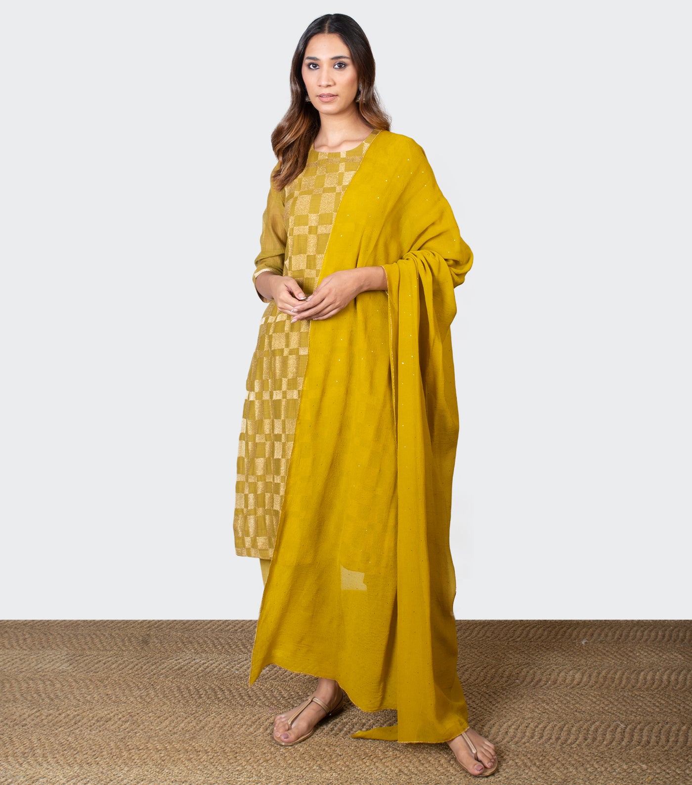 Mustard Yellow Embroidered Chanderi Kurta with Pants and Chiffon Dupatta - Set of 3