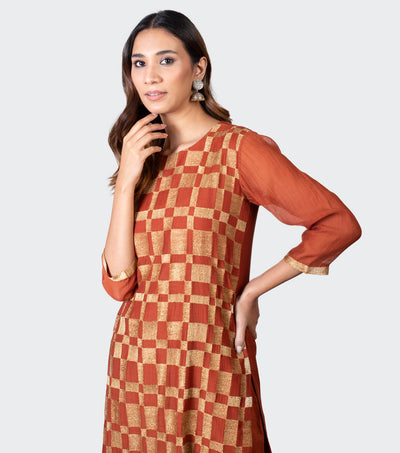 Rust Zari Embroidered Chanderi Kurta & Chiffon Dupatta Suit Set