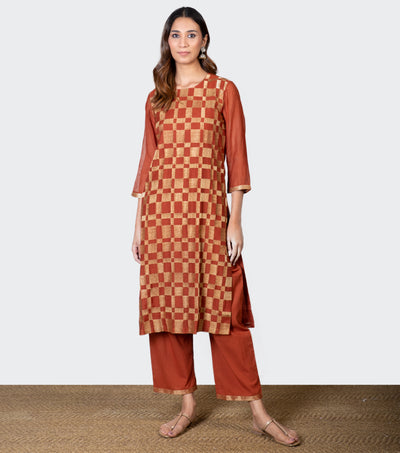 Rust Zari Embroidered Chanderi Kurta & Chiffon Dupatta Suit Set