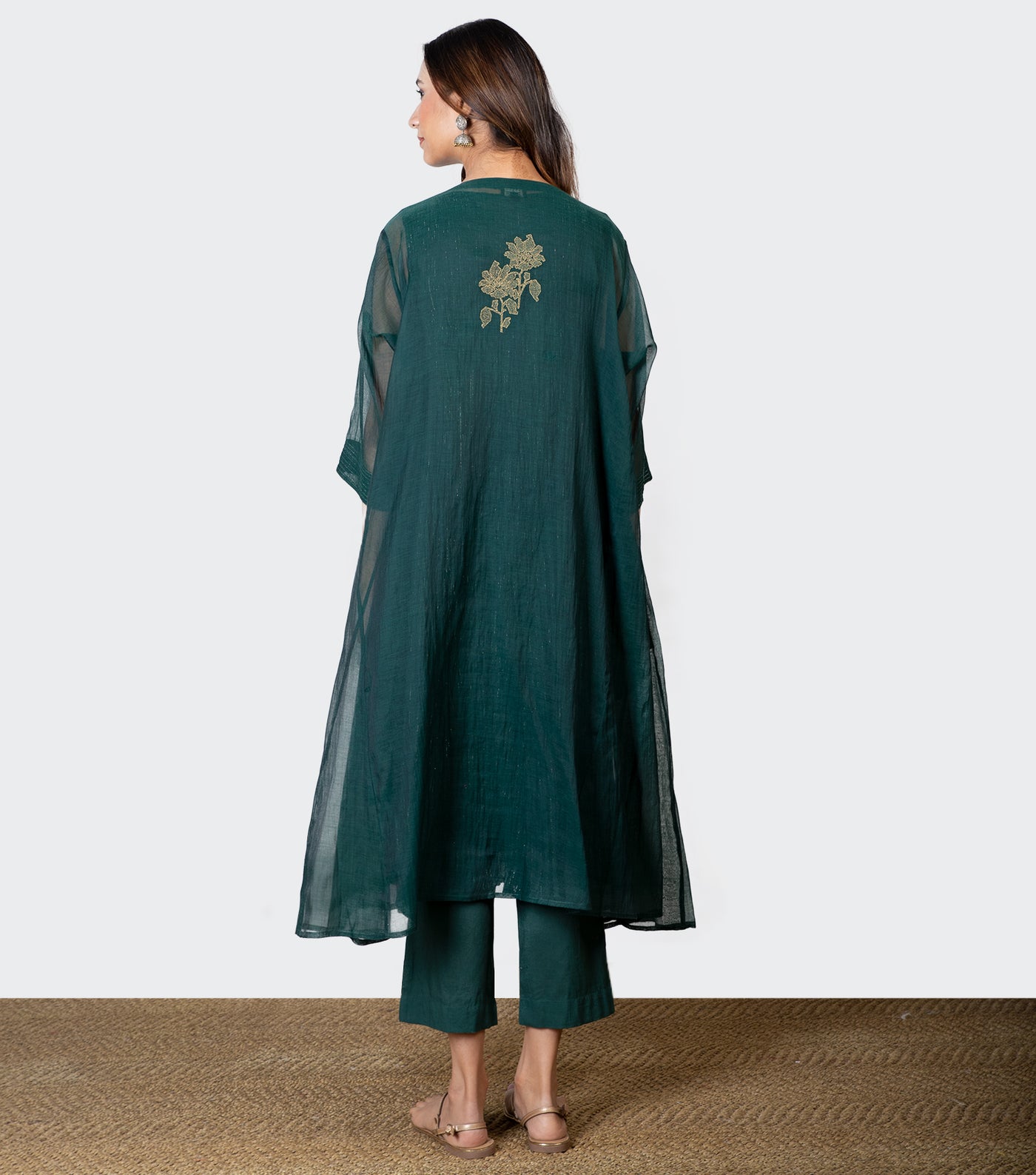 emerald Green Embroidered Chanderi Cape & Pants Set