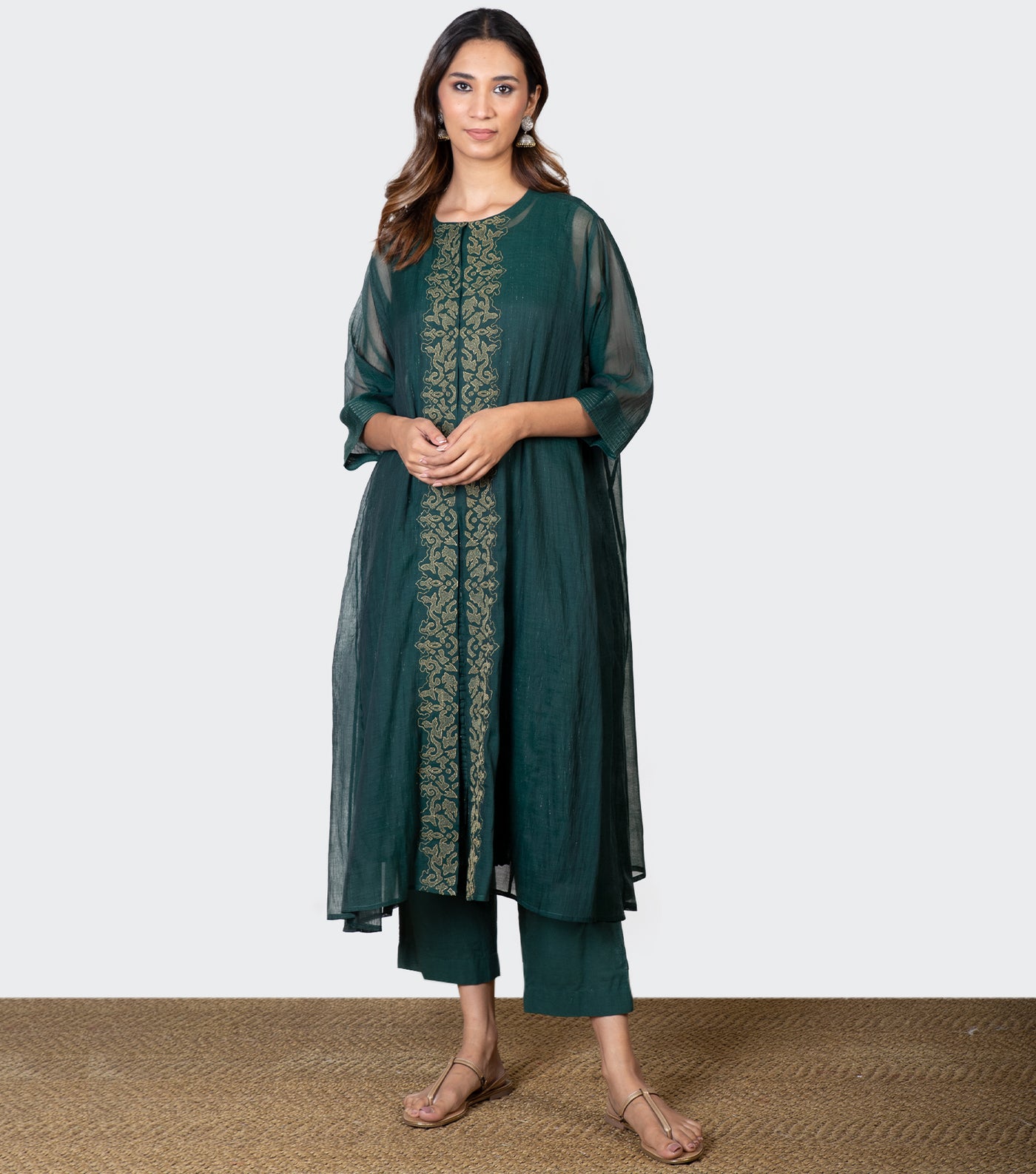 Green Chanderi Cape with Cotton Lurex Slip and Pants - Set of 2