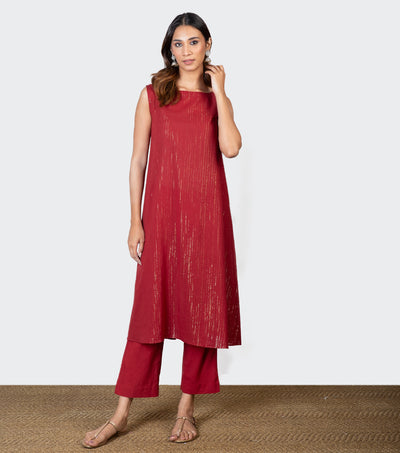 Red Zari Embroidered Chanderi Kurta with Slip and Pants - Set of 2