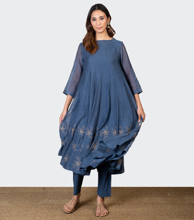 Blue Zari Embroidered Chanderi Kurta with Slip and Pants - Set of 2
