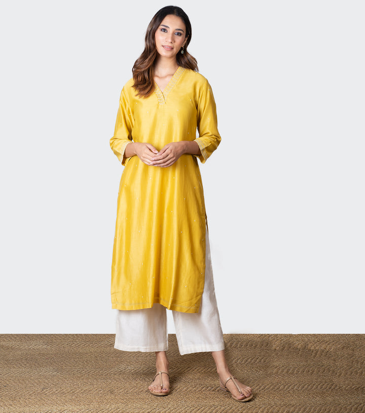 Yellow Embroidered Chanderi Kurta