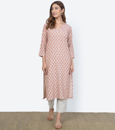 Beige printed khadi kurta