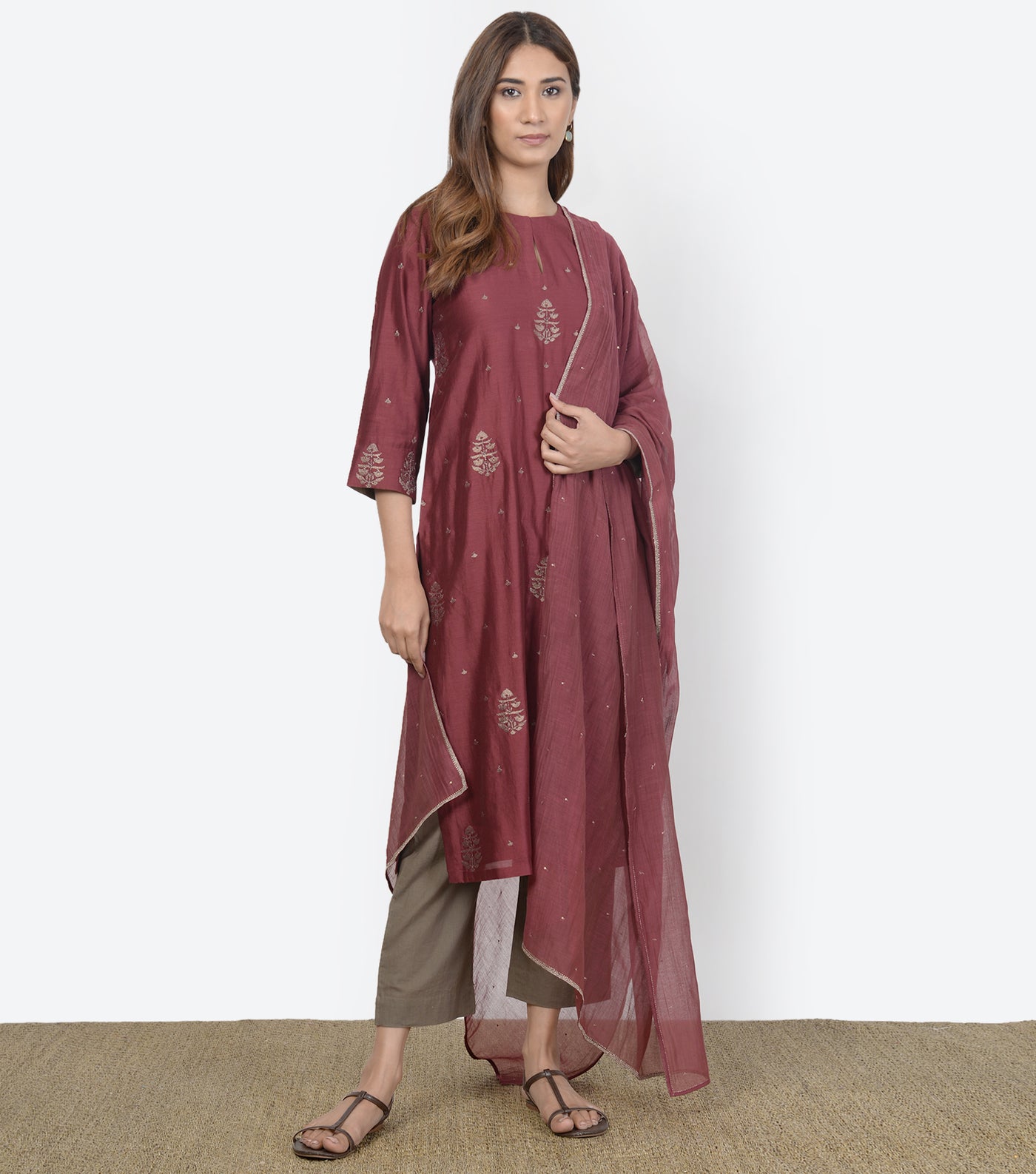 Maroon Embroidered Chanderi Suit Set