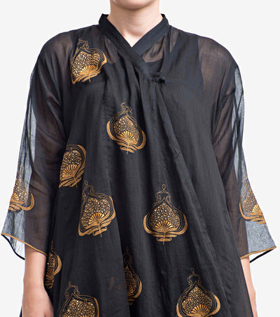 Black Embroidery Fine Cotton Choga